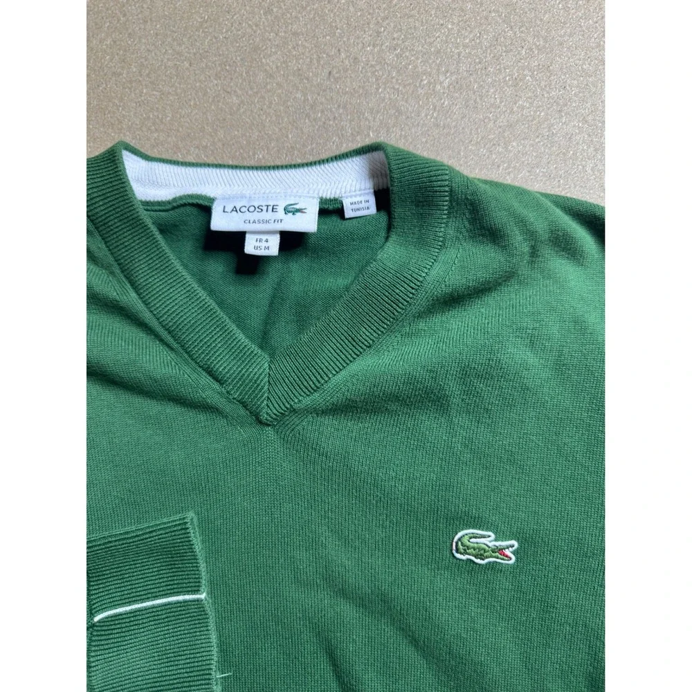 Lacoste Classic Fit V-Neck Knit Sweater Mens M‎ Green Crocodile Logo Pullover